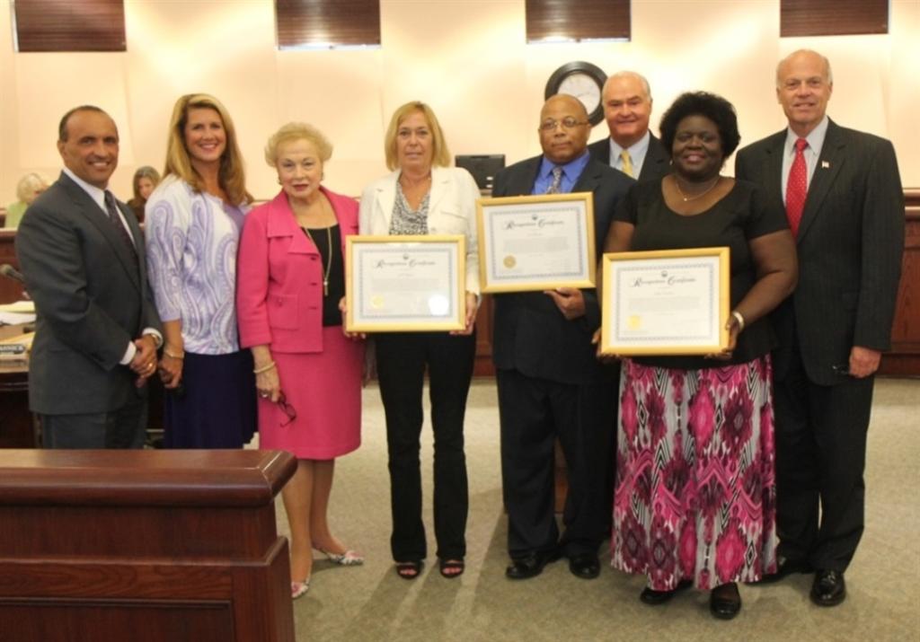 The Monmouth County Board of Chosen Freeholders recognized three Monmouth County residents for being selected as New Jersey Clean Communities award recipients at their meeting on July 24, 2014 in Tinton Falls, NJ. Pictured left to right: Freeholder Thomas A. Arnone, Freeholder Serena DiMaso, Freeholder Director Lillian G. Burry, Jill Pegosh, Carl Bowles, Freeholder John P. Curley, Deborah Dixon, who accepted the certificate on behalf of Andy Mathisen, and Freeholder Deputy Director Gary J. Rich, Sr.